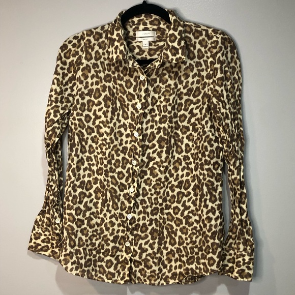 J Crew Womens Perfect Button Down Shirt Leopard Animal Print Beige Brown - Picture 1 of 12